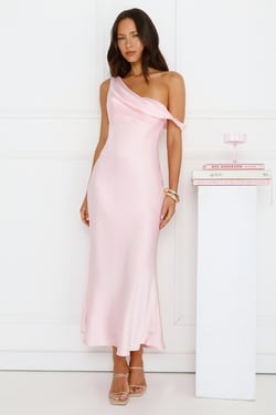 Stylish Season Off Shoulder Satin Midi Dress Pink