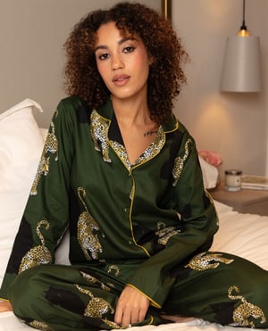 Olive Womens Leopard Print Wide Leg Pyjama Set - 28