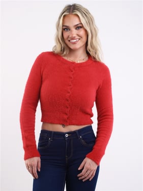 Daisy Street Knitted Crop Cardigan - Red - XS