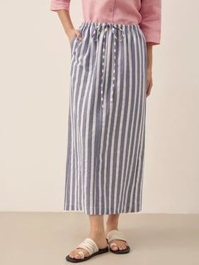 Linen Striped Drawstring Skirt ELISE - Denim Strip / XXL