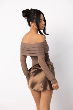 THE ALAIA SATIN DRESS LIGHT BROWN