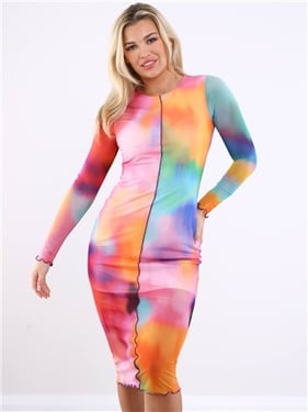 Influence Tie Dye Long Sleeve Mesh Midi Dress - Rainbow - 10