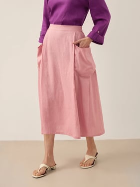 100% Linen Elastic Waist Skirt MARINA - Pastel Pink / M