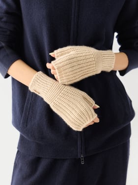 Fingerless Cashmere Gloves - Rib-Knit Hand Warmers - One Size / Beige / AK0277-02