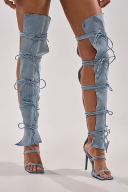 AKIRA Azalea Wang Kristine Denim Stiletto Gladiator Sandal | Size 7