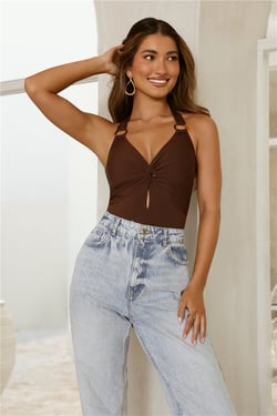 Chic Ring Detail Halter Bodysuit Brown