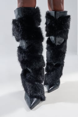 AKIRA Azalea Wang Conradde Mixed Material Fur And Snake Stiletto Boot | Black | Size 11