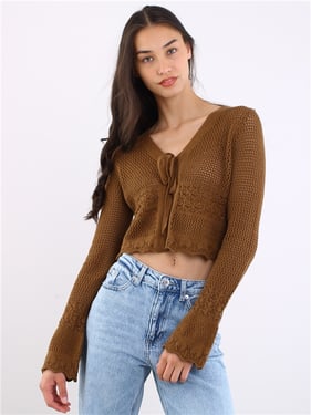 Brave Soul Crochet Tie Front Knit - Brown - M