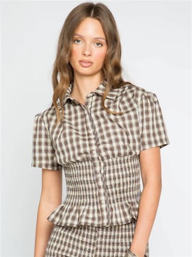 Daisy Street Honey Check Shirred Blouse - Brown - XS