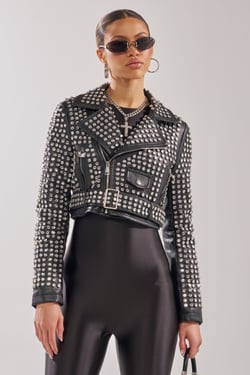 AKIRA Demi Embellished Moto Jacket | Black | Size 1X