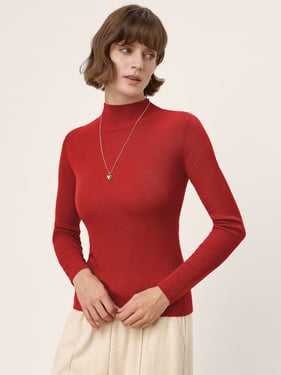 100% Extra-Fine Merino Wool Mock Neck Knit Sweater TIA - Ruby Red / L