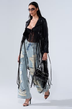 AKIRA Swing My Way Fringe Moto Jacket | Black | Size XL