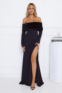 Glow In The Snow Faux Fur Off Shoulder Maxi Dress Navy