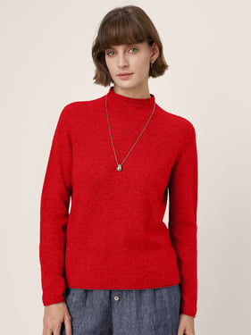 Premium Cashmere Blend Hand-Finished Seamless Mock Neck Lettuce Edge Sweater ZELIE - Crimson Red / XXL