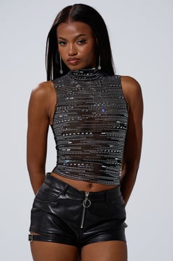 AKIRA Believe Me Rhinestone Mesh Tank Top | Black | Size XL