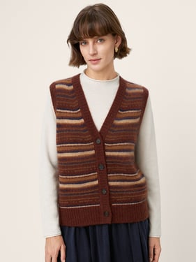 Mongolian Cashmere and Mulberry Silk Colorblock Stripe Button-Front Vest SOPHIE - Rusty Stripe / L