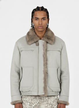 Vintage Suede Faux Fur Lined Aviator Bomber Jacket - Gray / XL