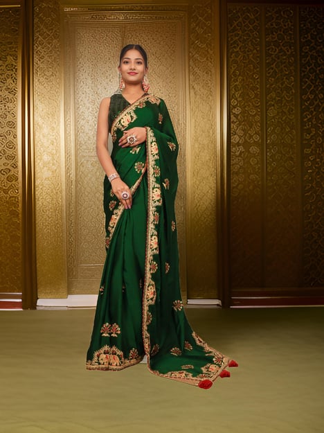 Designer Saree with Kundan & Embroidery Work by Shreekama