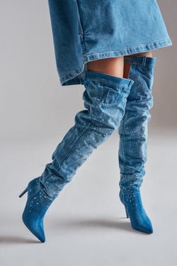 AKIRA Azalea Wang Jeanni Denim Splatter Painted Stiletto Boot | Size 11