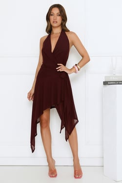 Cherry Petal Kiss Halter Midi Dress Burgundy