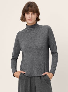 100% Extra-Fine Merino Wool Mock Neck Sweater with Rolled Edge ELA - Charcoal Grey / L