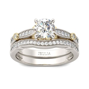 Jeulia Milgrain Two Tone Round Cut Sterling Silver Ring Set