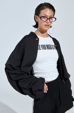 AKIRA Trey Ruched Sleeve Bomber Jacket | Black | Size 1X