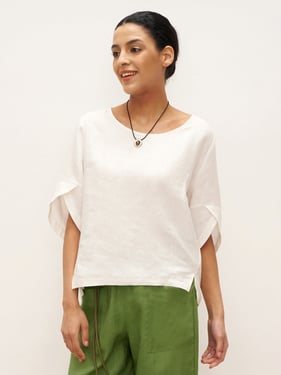 100% Linen Round Neck Petal-Sleeve Pullover LAUREL - Optic White / XXL