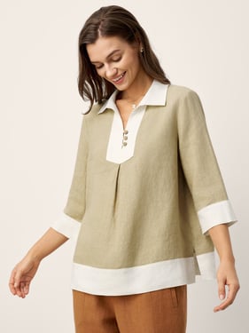 100% Linen Contrast Panel Lapel Sculpted Pleated Pullover Top VICTORIA - Sage Khaki / XXL