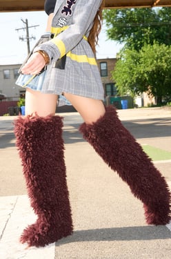 AKIRA Azalea Wang Templeton Faux Poodle Fur Over The Knee Boot | Burgundy | Size 6.5