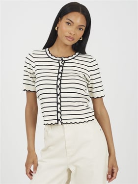 Brave Soul Short Sleeve Cardigan - Ivory / Black Stripe - XS
