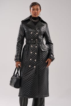 AKIRA Madison Ave Quilted Trench Coat | Black | Size XL
