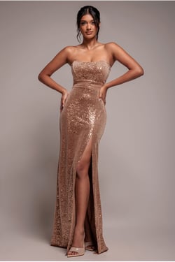 Goddiva Sequin Velvet Bandeau Maxi Dress - Champagne