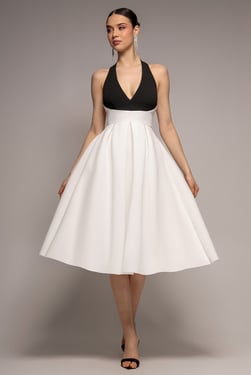 Goddiva Contrast  Halter Neck Pleated A-Line Midaxi Dress - Black Cream