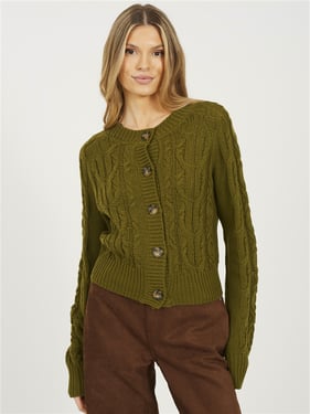 Brave Soul Cable Knit Button Cardigan - Green - S