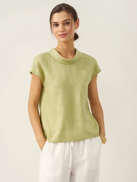 100% Linen Cap Sleeve Soft-Fold Collar Top YVONNE - Sage Apple / XXL