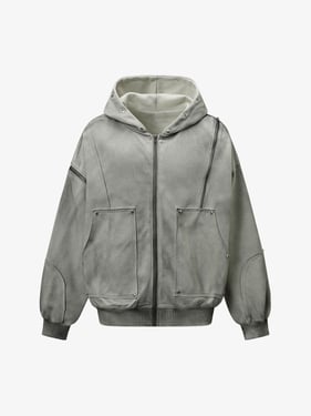 Street Washed Distressed Stitching Rivet Hooded Jacket - Grey / XL