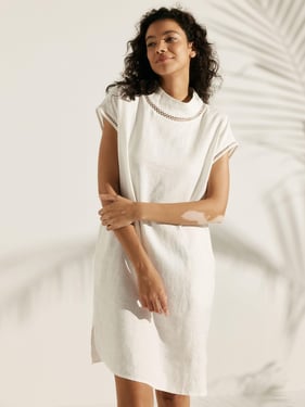 100% Linen Cutout Turtleneck Mini Dress ZAHRA - Optic White / XXL
