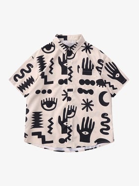 Thesupermade Vintage Full Print Lapel Short Sleeve Shirt - Beige / 2XL