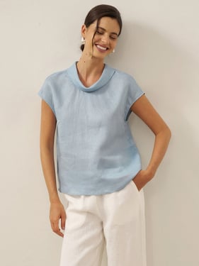 100% Linen Cap Sleeve Soft-Fold Collar Top YVONNE - Ice Blue / XXL
