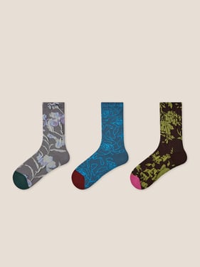 Long-Staple Cotton 3-Pair Floral Embossed Slouch Mid-Calf Sock Set - Frost Dream / One Size