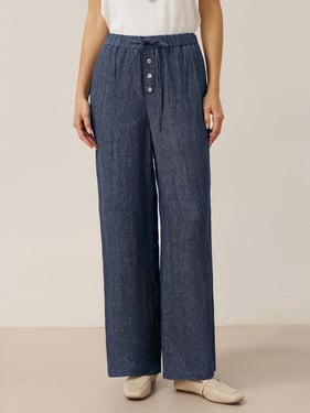 100% Linen Denim Texture Elastic Waist Straight Leg Pants HAZEL - Indigo Denim / XL