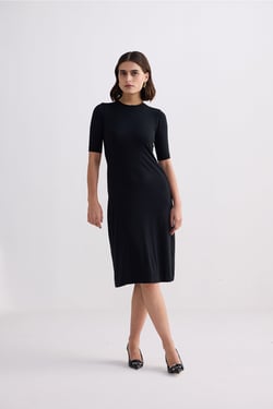 High Crew Neck Elbow Sleeves Fitted Dress in Black - Black / 3XL