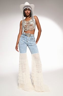 AKIRA Look At Me Go Denim Pants With Ruffle Bottom | Light Blue | Size XL
