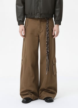Washed Cargo Webbing Barrel Pants - Dark Brown / 2XL