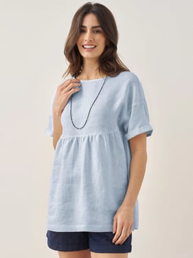 100% Linen Round Neck Pleated Pullover Top QUINLAN - Baby Blue / XXL