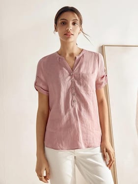 100% Linen Gathered-Neck Shirt URSULA - Light Pink / XXL