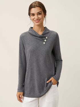 Cashmere Asymmetric Cowl Neck Stretch Top TATIANA - Charcoal Grey / XXL