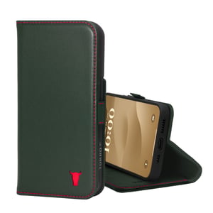 iPhone 15 Leather Wallet Case (with Stand Function) - Green with Red Detail