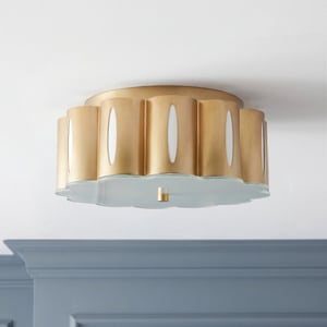 Zinnia IP44 flush ceiling fitting in brass and glass